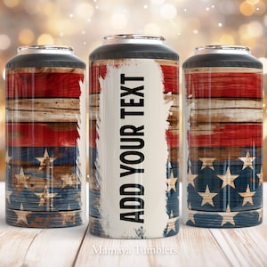 May include: Three stainless steel tumblers with a distressed American flag design. The center tumbler has a white space with the text "ADD YOUR TEXT".
