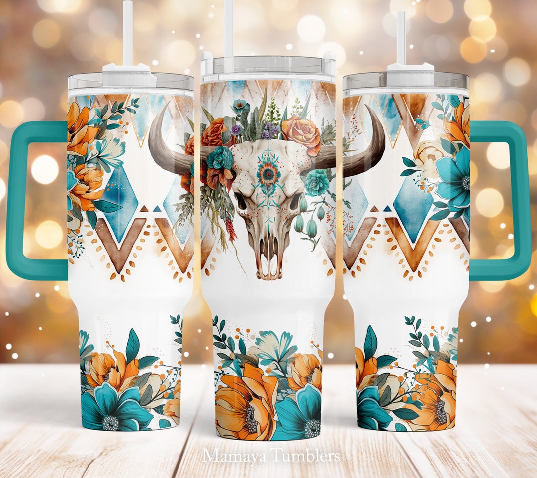 Boho Cow Skull 40oz Quencher Tumbler Sublimation Design Aqua and Brown ...