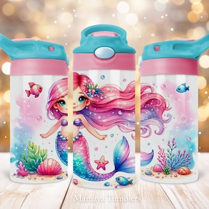 Sereia 12oz Crianças Flip Top Sippy Cup Tumbler Wrap, Ocean Life Magical Kids Straight Tumbler Sublimação PNG, Download Digital