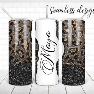 SEAMLESS half leopard glitter tumbler PNG design Cheetah print name 20 oz skinny tumbler STRAIGHT digital wrap