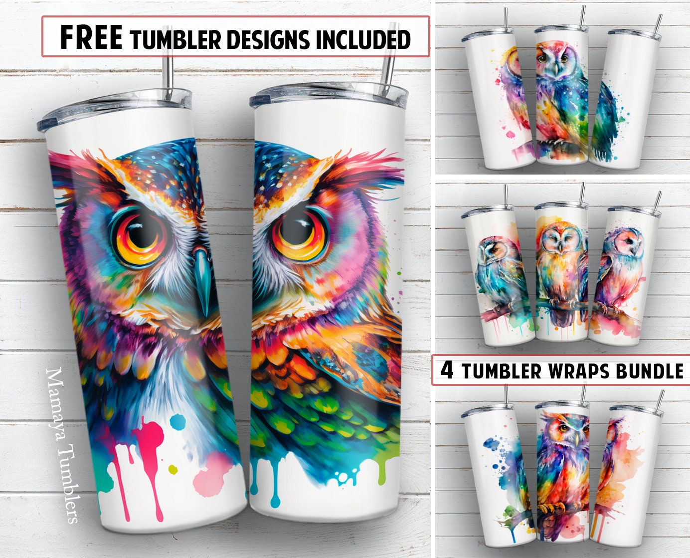 Owl 20 oz skinny tumbler sublimation design BUNDLE of 4 Rainbow watercolor Bird digital PNG Straight