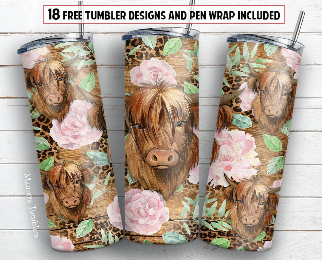 20 Oz Skinny Tumbler Sublimation Design Highland Cow Flower Digital PNG ...