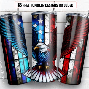 Stained glass America Eagle 20oz skinny tumbler sublimation design USA flag digital PNG Straight wrap Waterslide download