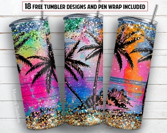 Summer 20 oz skinny tumbler sublimation design Ocean beach sunset Glitter Palm PNG design + 30 oz tumbler template and Epoxy pen wrap design