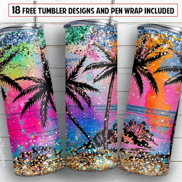 Summer 20 oz skinny tumbler sublimation design Ocean beach sunset Glitter Palm PNG design + 30 oz tumbler template and Epoxy pen wrap design