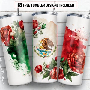 Mexican flag and roses 20 oz skinny tumbler sublimation design Patriotioc Floral digital PNG Straight wrap Waterslide download