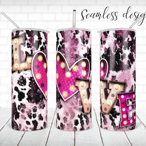 Love cowhide pink glitter tumbler PNG design Western black and white cow print 20 oz skinny tumbler STRAIGHT digital wrap