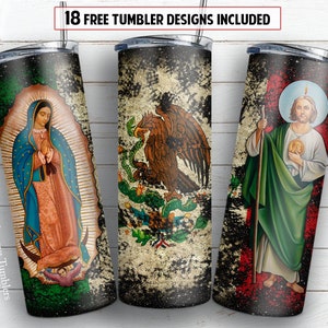 Diseño de sublimación de vaso flaco de 20 oz Diseño PNG de bandera mexicana Virgen María y San Judas Tadeo + plantilla de vaso de 30 oz