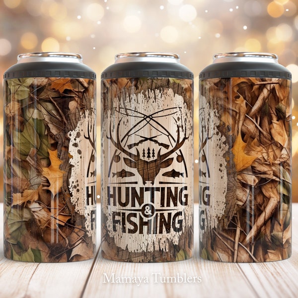 4 in 1 can cooler sublimation design Hunting and fishing can cooler wrap Camo wood Camouflage deer Digital design Straight PNG
