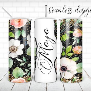 Seamless floral glitter nombre tumbler PNG diseño Flor negro y oro ágata 20 oz flaco vaso STRAIGHT envoltura digital
