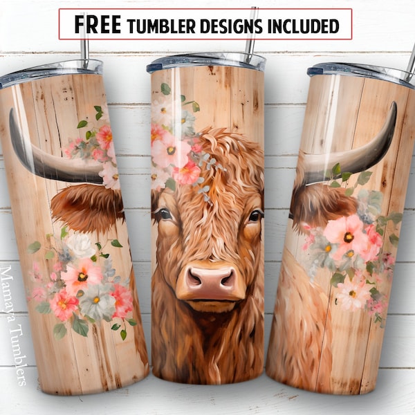 Highland cow flowers 20 oz skinny tumbler sublimation design Floral animal digital PNG Straight wrap Waterslide download