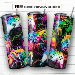 May include: Three colorful sublimation designs for 20 oz tumblers featuring a black background with colorful paint splatters and video game controllers. The text "FREE TUMBLER DESIGNS INCLUDED" is at the top of the image.