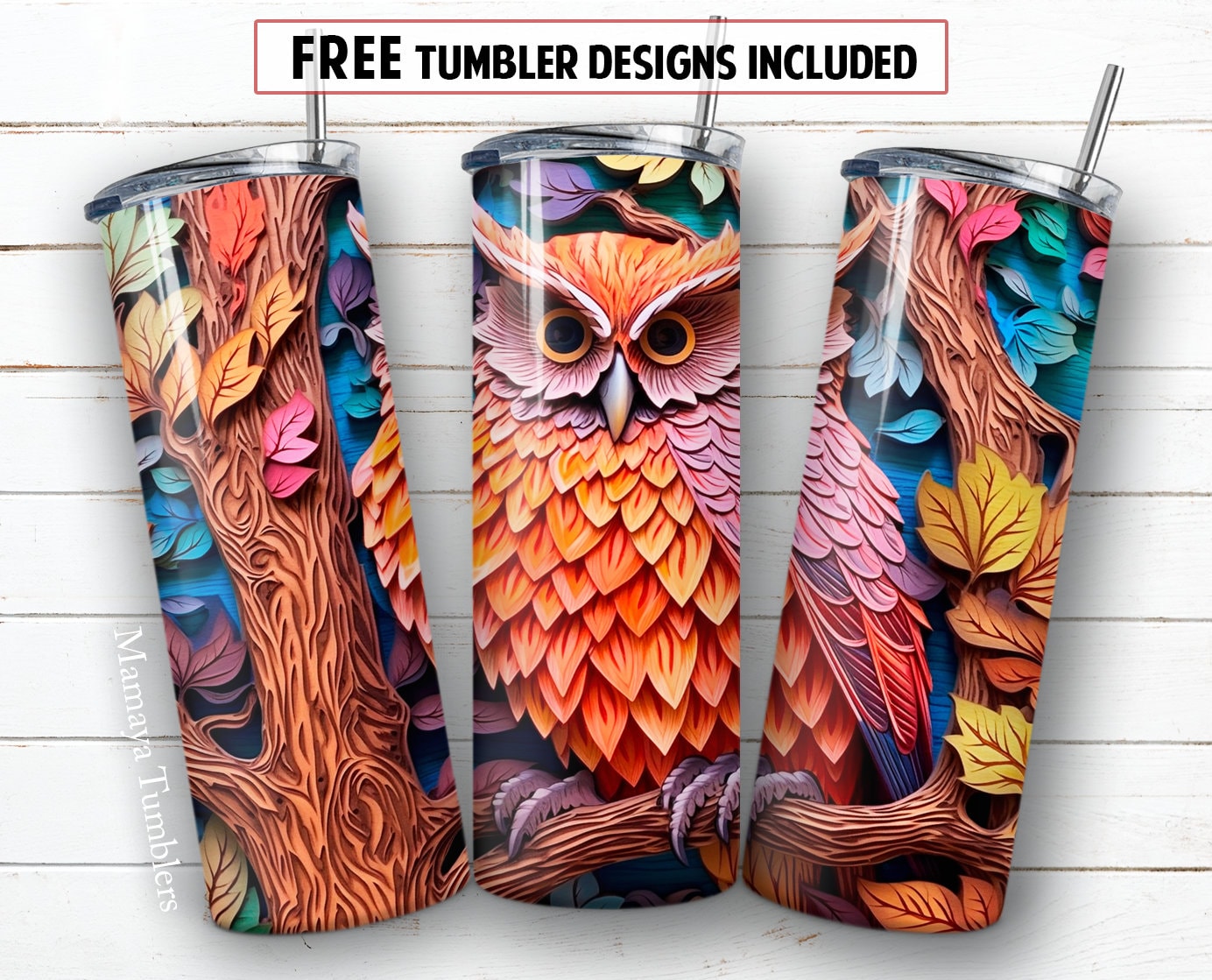 3D owl 20 oz skinny tumbler sublimation design Colorful animal digital PNG Straight wrap Waterslide
