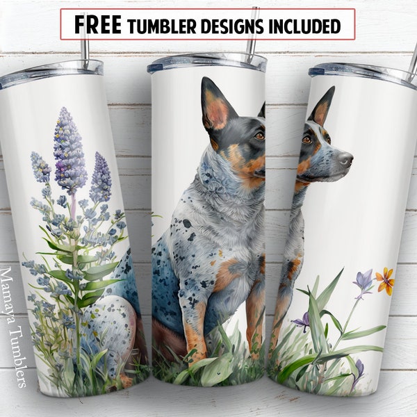 Blue heeler dog 20 oz skinny tumbler sublimation design Watercolor pet lover digital PNG Straight wrap Waterslide download