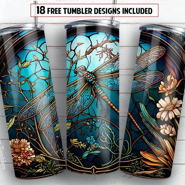 Dragonfly 20oz skinny tumbler sublimation design Stained glass floral digital PNG Straight wrap Waterslide download