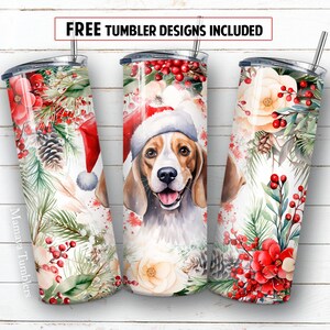Christmas beagle 20oz skinny tumbler sublimation design Cute dog in Santa&#39;s hat Flowers pine tree digital PNG Straight wrap download