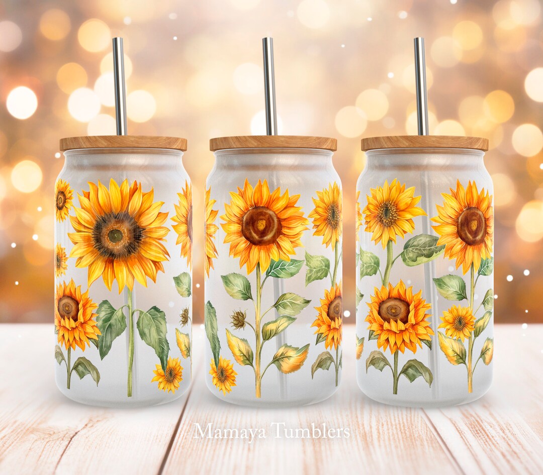 Sunflowers 16oz Glass Can Sublimation Design Flower Glass Can Wrap PNG ...