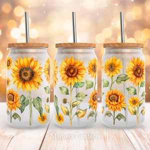 Sunflowers 16oz glass can sublimation design Flower Glass can wrap PNG wrap download