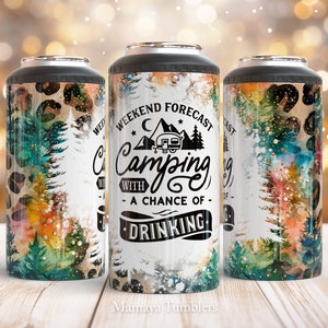 May include: Three stainless steel tumblers with a white background and a watercolour design of trees and a leopard print pattern. The middle tumbler has the text "Weekend Forecast Camping with a chance of drinking" in black.