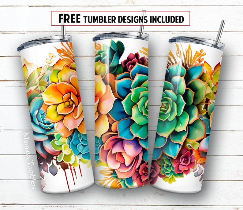 Succulent 20 Oz Skinny Tumbler Sublimation Design Flower Watercolor ...