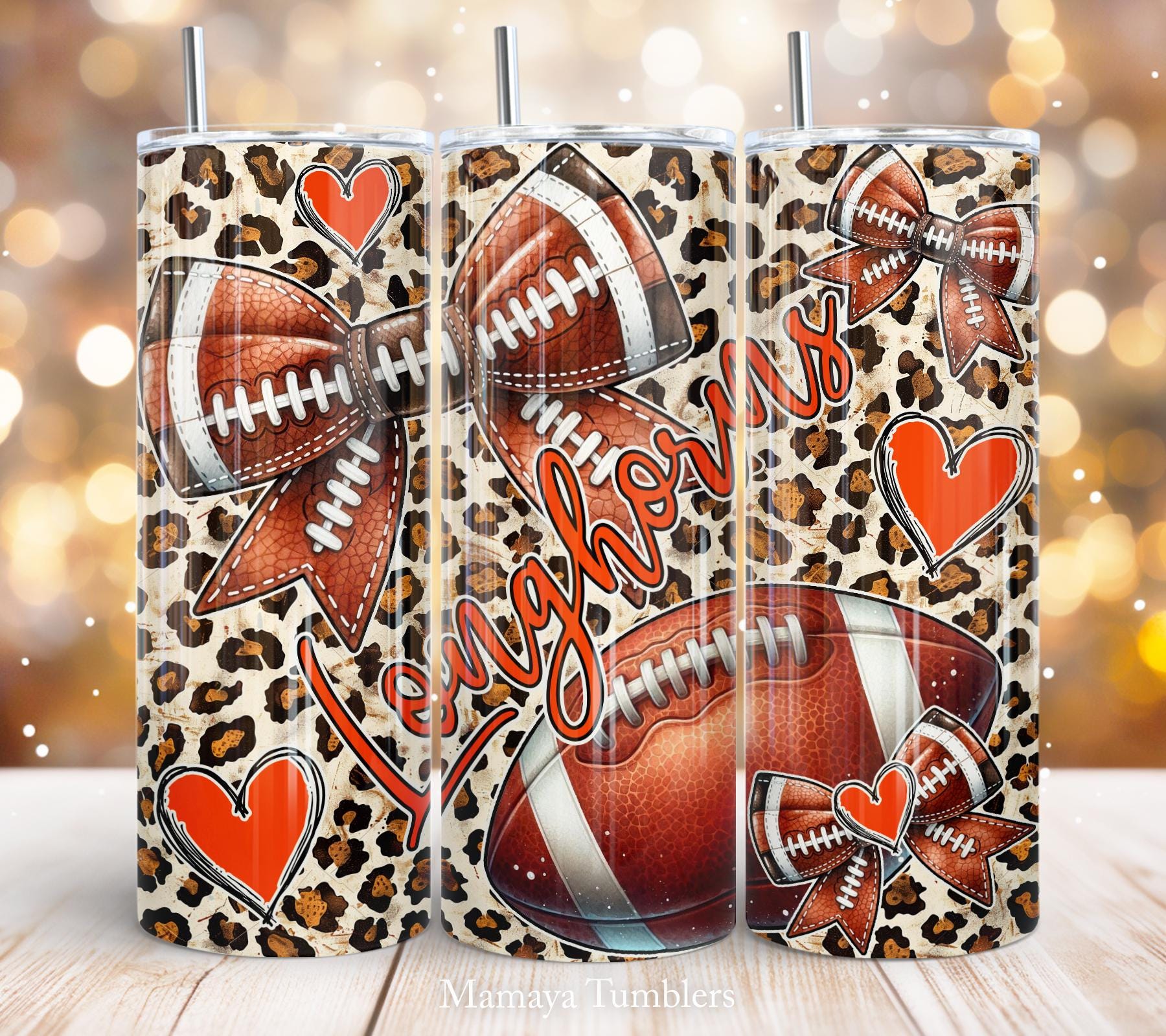 Longhorns 20oz skinny tumbler Sublimation design Orange Coquette Bow Football Leopard Straight wrap PNG Waterslide Digital download