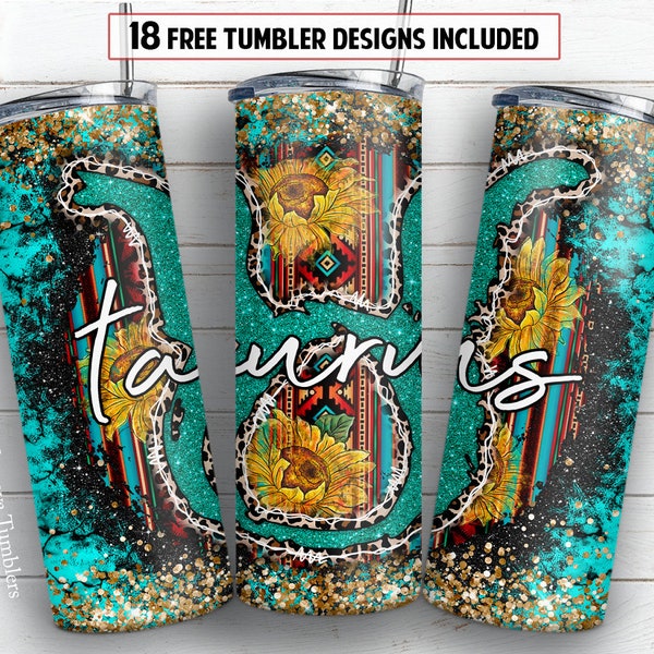 Taurus 20 oz skinny tumbler sublimation design Western zodiac sign Sunflower turquoise PNG design + 30 oz tumbler template