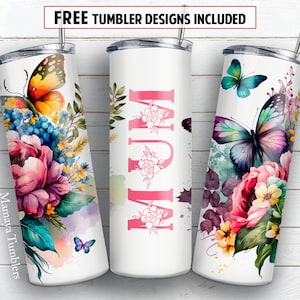 Mum 20 oz skinny tumbler sublimation design Flowers butterfly Seamless Watercolor floral digital PNG Straight wrap Waterslide download