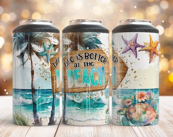 Summer 4 in 1 can cooler sublimation design Life is better at the beach can cooler wrap Turtle Digital design Straight PNG