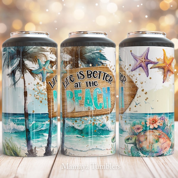 Summer 4 in 1 can cooler sublimation design Life is better at the beach can cooler wrap Turtle Digital design Straight PNG