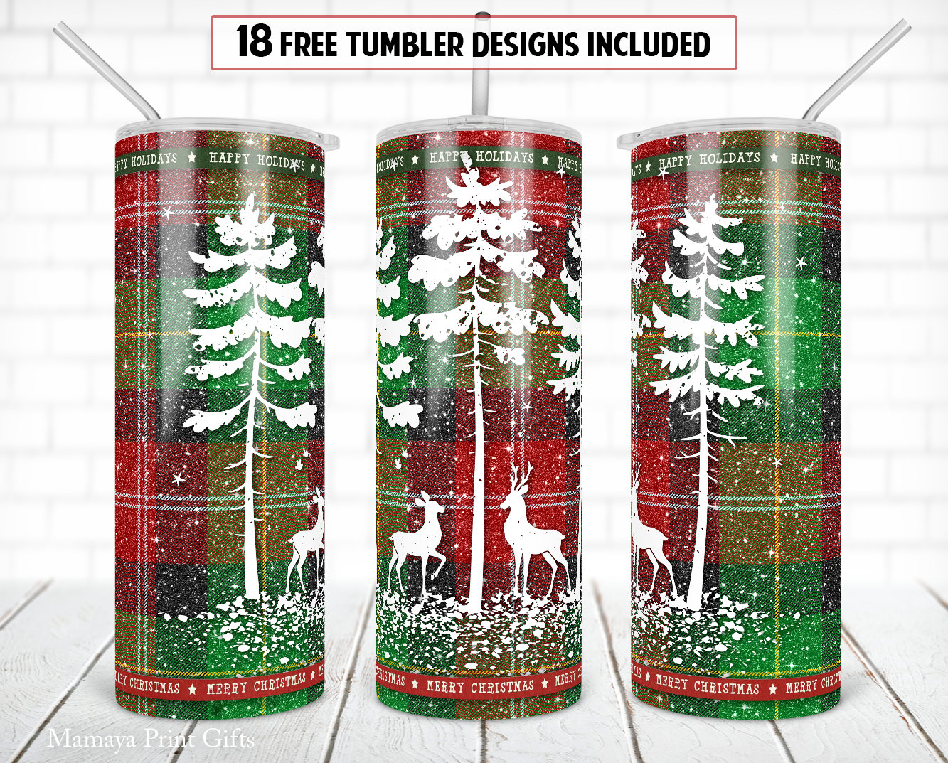 20 Oz Skinny Tumbler Sublimation Design Christmas Deer Buffalo Plaid ...