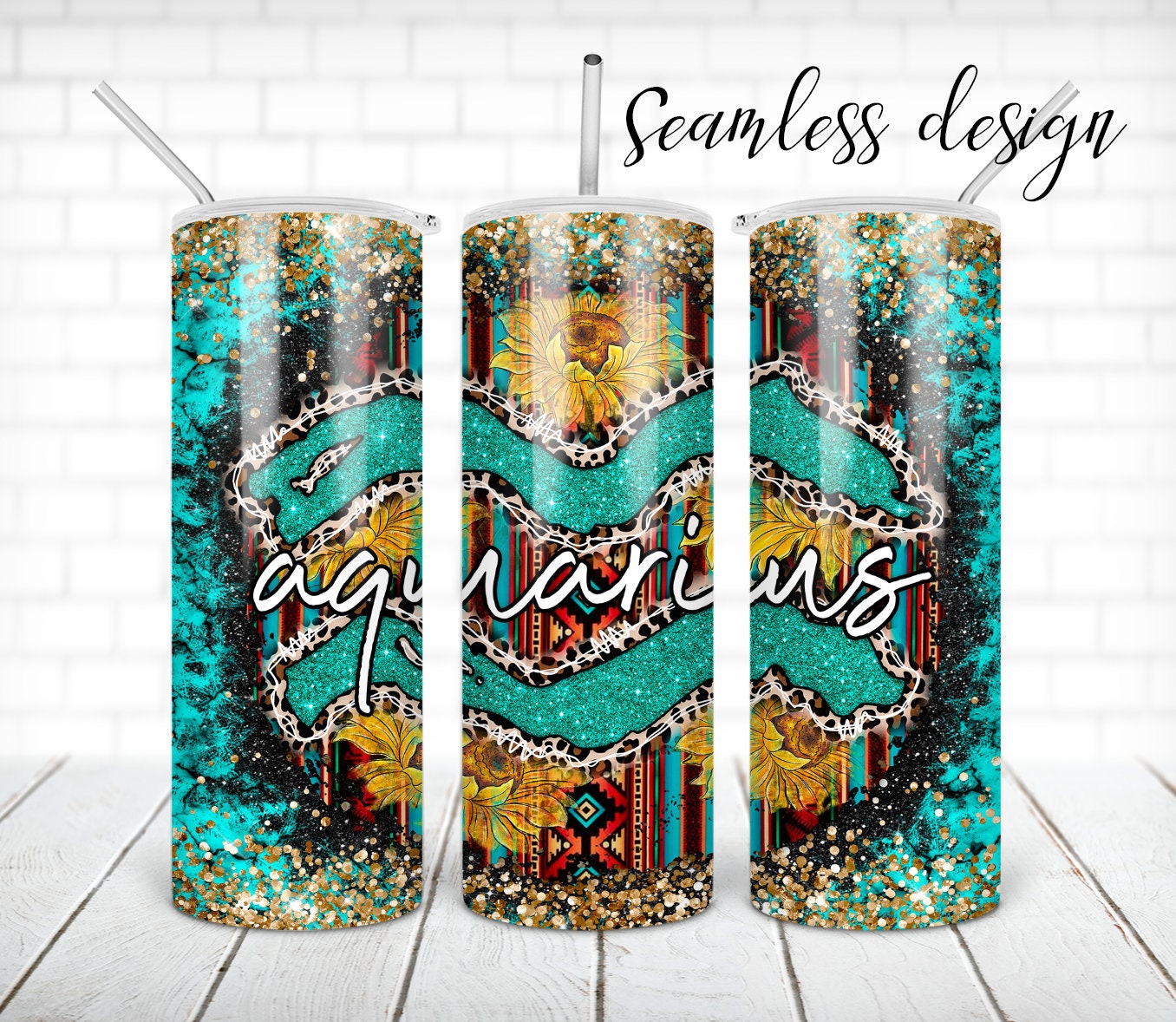 Aquarius zodiac sign tumbler PNG design Western sunflower teal turquoise 20 oz skinny tumbler STRAIGHT digital wrap
