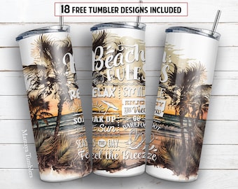 May include: Three white tumblers with a beach scene and the text "Beach Rules" with a list of rules: "Relax, Smile, Soak Up the Sun, Go Barefoot, Seas the Day, Feel the Breeze".