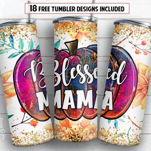 Blessed mama 20 oz skinny tumbler sublimation design Fall watercolor pumpkin PNG design + 30 oz tumbler template