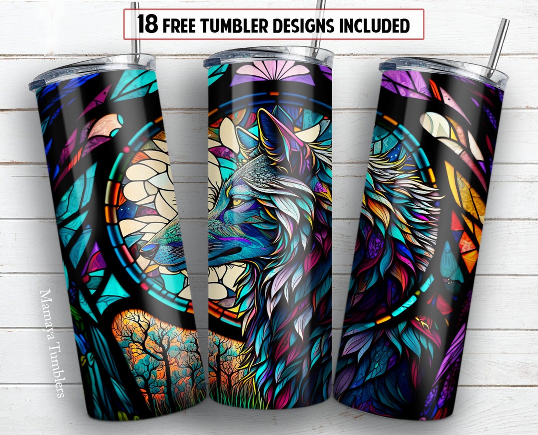 Stained Glass Wolf 20 Oz Skinny Tumbler Sublimation Design Wild Animal ...