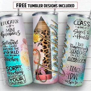 Teacher 20 oz skinny tumbler sublimation design Leopard pencil School Quotes digital PNG Straight wrap Waterslide download