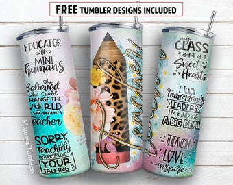 Teacher 20 oz skinny tumbler sublimation design Leopard pencil School Quotes digital PNG Straight wrap Waterslide download