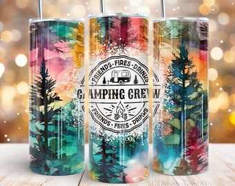 Camping crew 20 oz skinny tumbler sublimation design Friends adventure Fire drinks Pine trees digital PNG Straight wrap Waterslide download