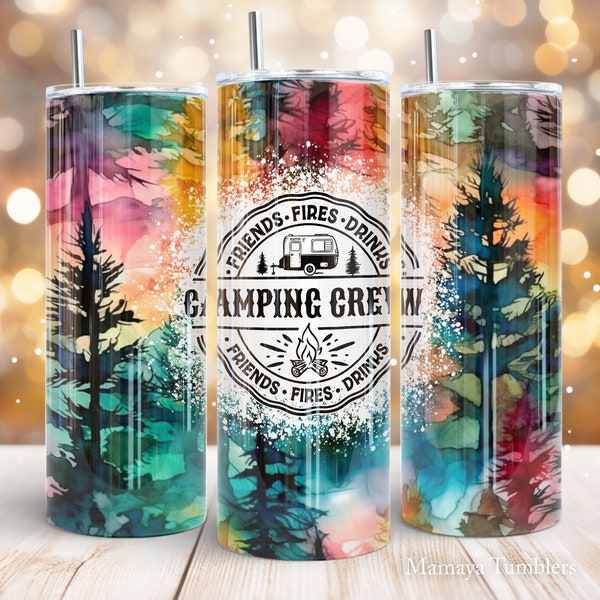 Camping crew 20 oz skinny tumbler sublimation design Friends adventure Fire drinks Pine trees digital PNG Straight wrap Waterslide download