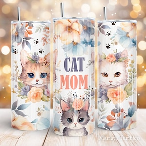 Cat mom 20oz skinny tumbler sublimation design Pet lover Flowers kitten digital PNG Straight wrap download