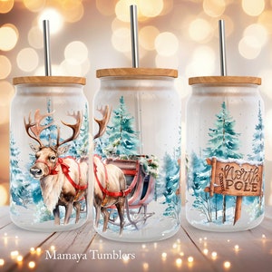 Christmas reindeer 16oz glass can sublimation design North Pole Winter Holiday Pine trees Glass can wrap PNG Digital download