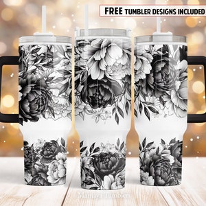 Pivoine noire 40oz Quencher tumbler sublimation design Fleur numérique PNG wrap Waterslide télécharger