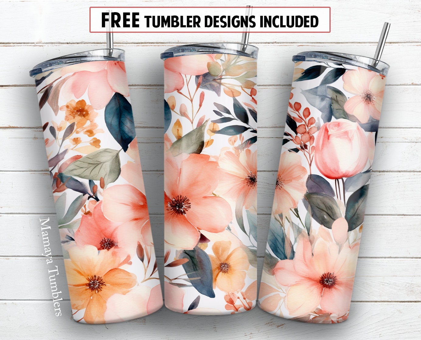 Name 20 Oz Skinny Tumbler Sublimation Design Flowers Butterfly Add Text  Blank Seamless Floral Digital PNG Straight Wrap Waterslide Download 