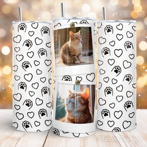 Moldura para fotos de gatos Design de sublimação de copo magro de 20 onças Patas de animais Amante de gatos 2 fotos digital PNG Envoltório reto Waterslide download