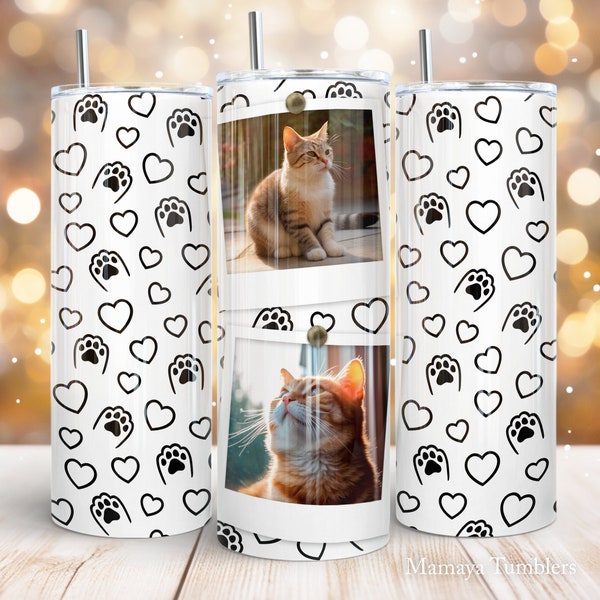 Cat photo frame 20 oz skinny tumbler sublimation design Pet paws Cat lover 2 Pictures digital PNG Straight wrap Waterslide download