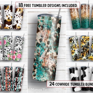 Cowhide bundle 20oz skinny tumbler sublimation design Cow print Western Aztec floral digital PNG Straight wrap Waterslide download