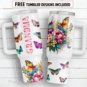 Grandma 40oz Quencher tumbler sublimation design Flowers butterfly Floral digital PNG wrap Waterslide download