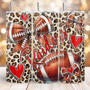 Raiders 20oz skinny tumbler Sublimation design Orange Coquette Bow Football Leopard Straight wrap PNG Waterslide Digital download