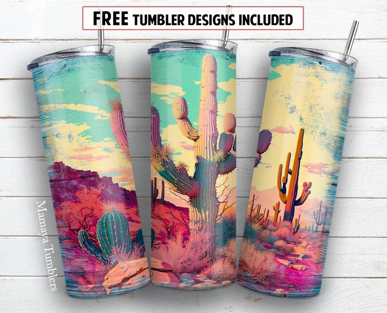 Cactus 20 Oz Skinny Tumbler Sublimation Design Desert Pink Wood Western ...