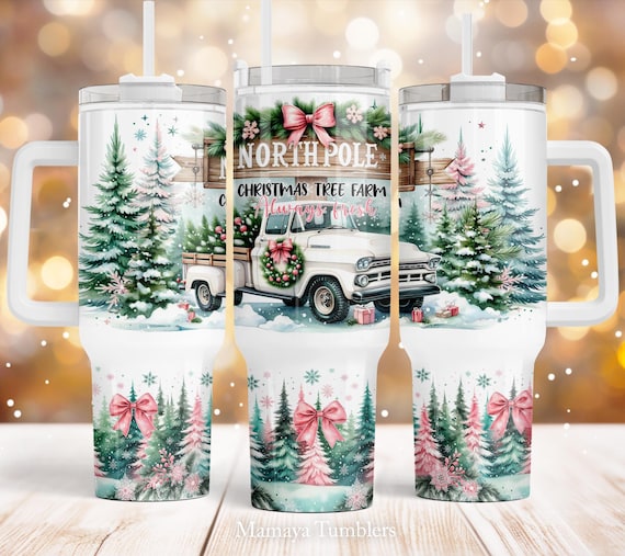 North Pole Christmas tree farm 40oz Quencher tumbler Sublimation design Christmas truck Coquette bow PNG wrap Waterslide Digital download