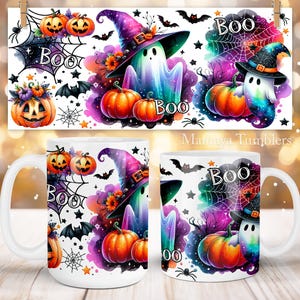 Halloween Mug sublimation design Ghost Boo Spooky pumpkin Fall vibes 11oz 15oz coffee cup template Wrap PNG Digital download